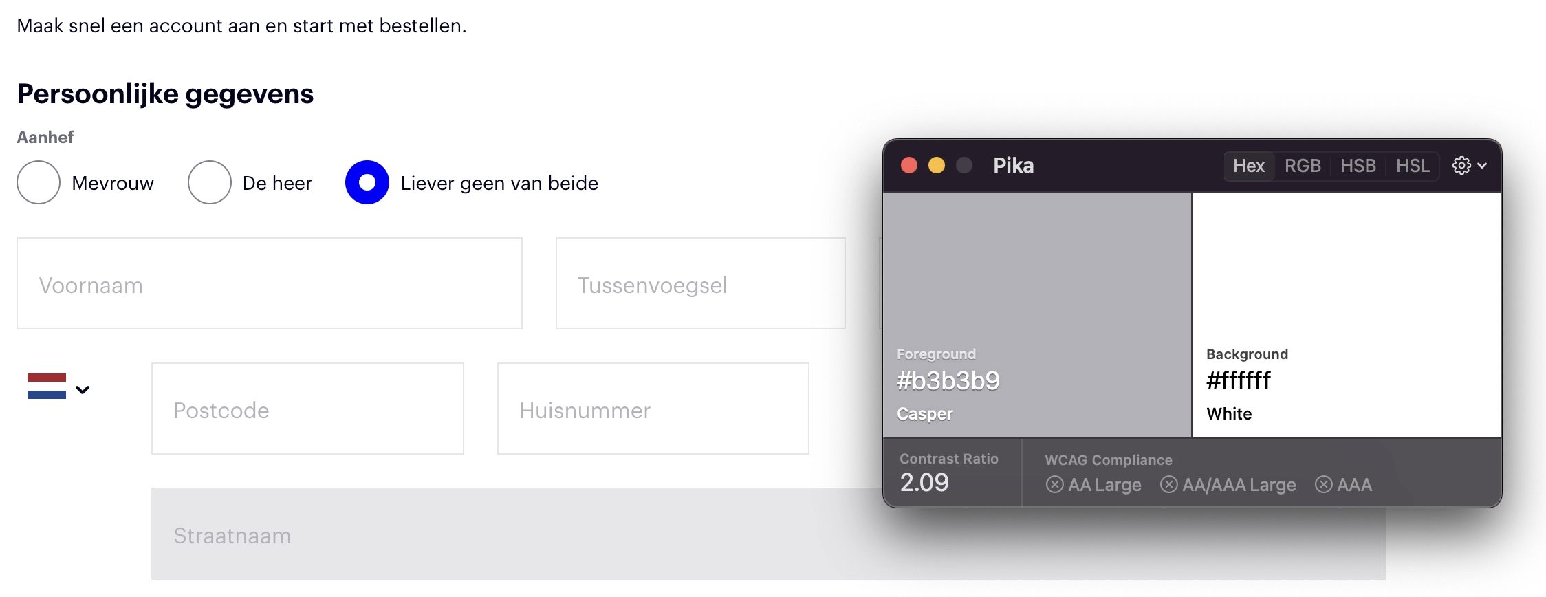 Bij deze grote webwinkel van ons allemaal voldoet het contrastwaarde van de placeholders (2,09) niet aan de WCAG-richtlijnen, minimum 4,5:1.