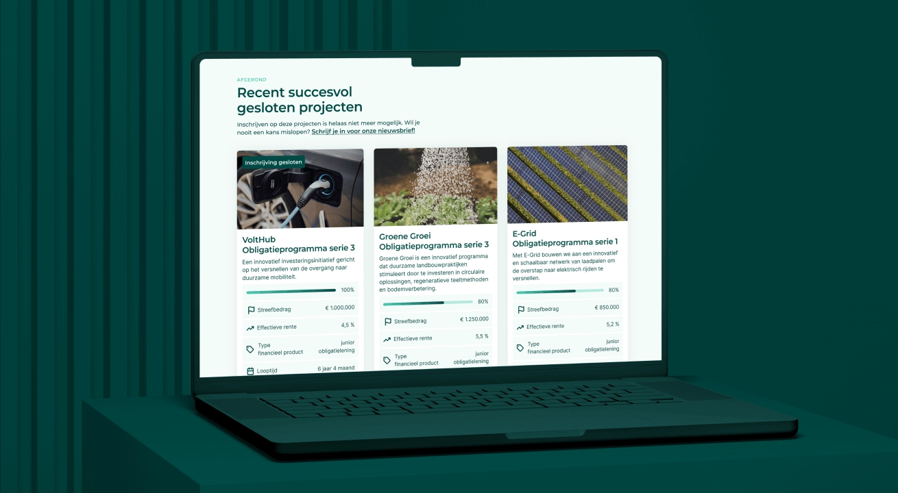 Op laptop getoond overzicht van recent succesvol gesloten projecten van duurzaaminvesteren.nl