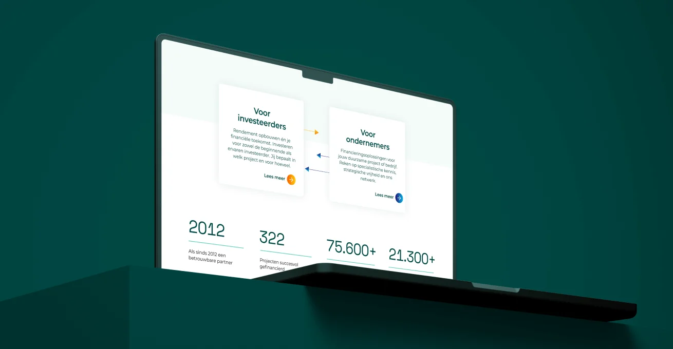 Op laptop getoonde webpagina van duurzaaminvesteren.nl met boodschap: voor investeerders en voor ondernemers.